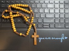 Rosary Necklace Unisex Wooden Brown Carved Beads Strong Cord Rope Catholic
