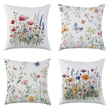 Spring Floral Throw Pillow Covers 18x18 Set of 4 Wildflowers Plants Butterfly...