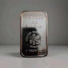 Vintage Heraeus 1 oz .999 Fine Silver Bar - Edelmetalle Hanau 1 Troy Ounce