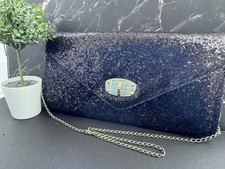 Primark Black Glitter Sequin Envelope Clutch Bag w/Chain Strap - Immaculate