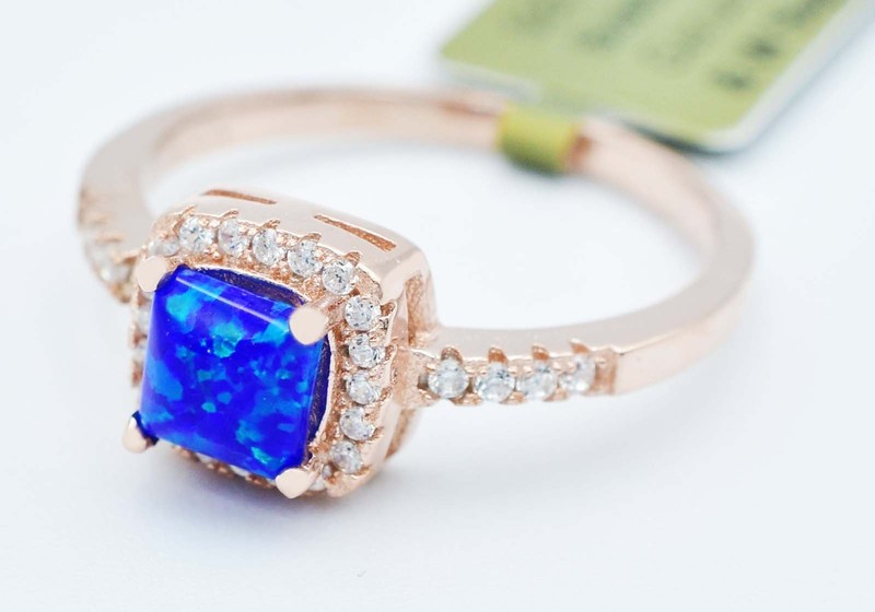 GENUINE 0.53 Cts BLUE OPAL & WHITE SAPPHIRE RING 14K ROSE GOLD PLATED (.925)
