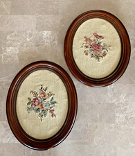 Vintage Framed Oval Needlepoint Flowers Florals Cottagecore 14" framed