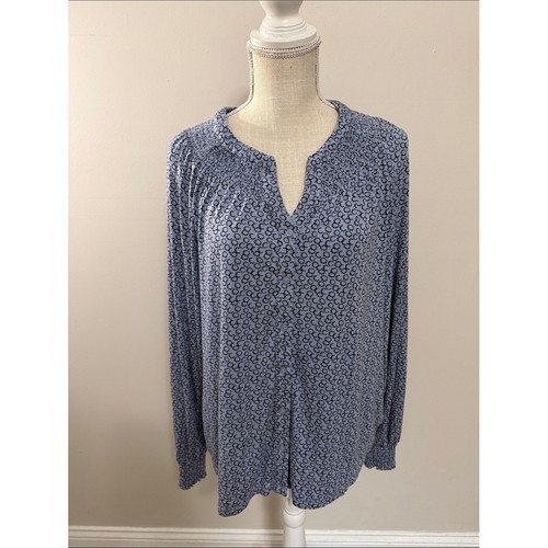 Boden Blue Printed Notch-Neck Long-Sleeve Blouse