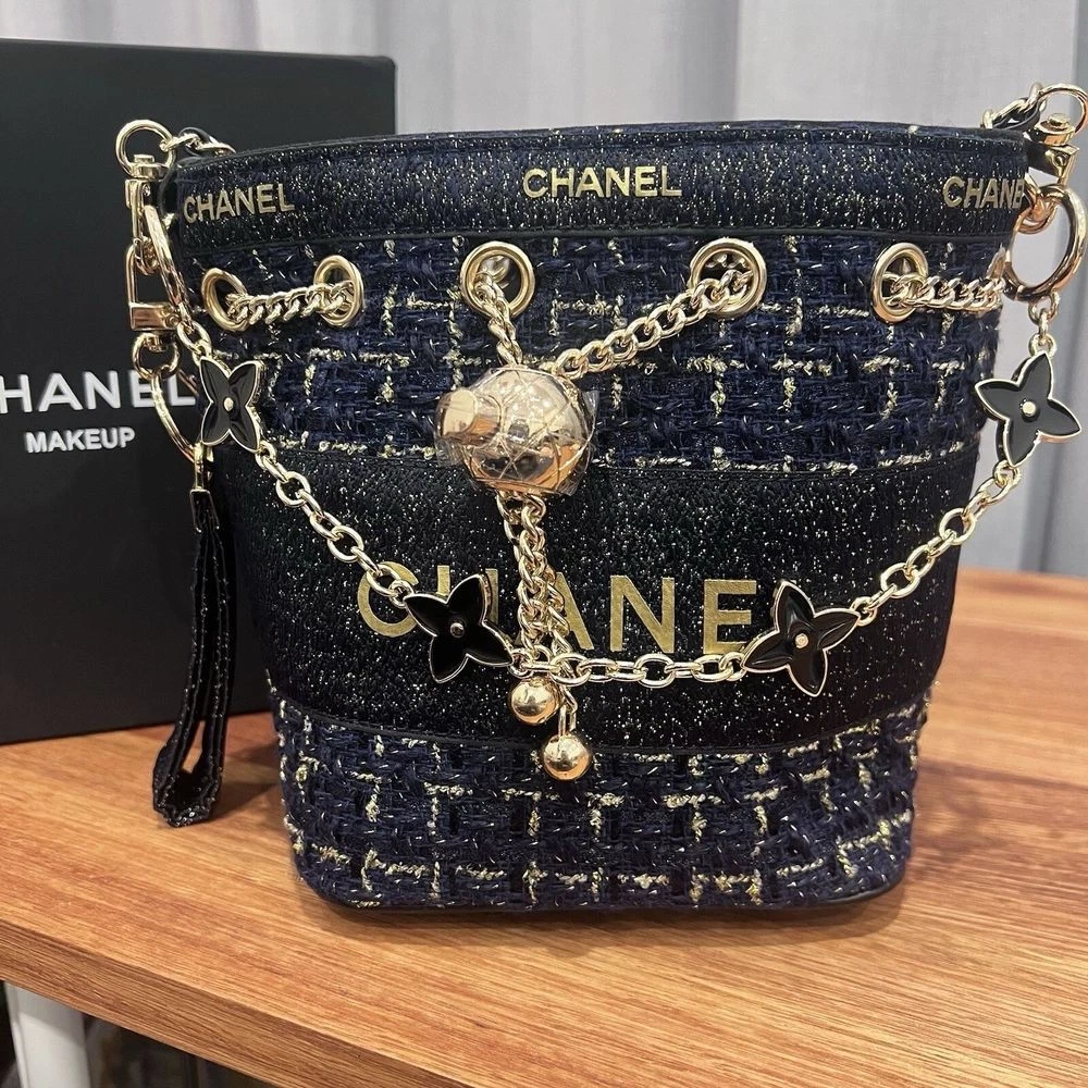 CHANEL Navy Tweed & Black Leather Bucket Backpack GWP COSMETIC my chanel beauty makeup bag collection ? #chanelbeauty  main image 2