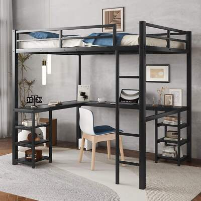 Full Metal Loft Bed With Desk And Shelves, Loft Bed With Ladder And Guardrails,