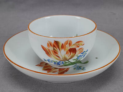 Meissen Marcolini Hand Painted Orange & Blue Floral Tea Cup & Saucer C.1774-1817