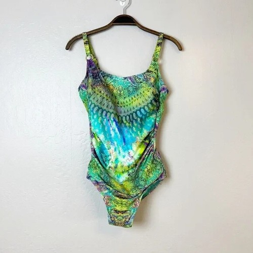 OPERA Women's Size US 12 C-Cup Green Blue Kaleidoscope Print One-Piece Swimsuit