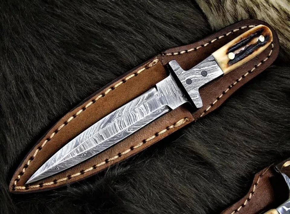 ASS Custom Handmade Damascus Steel Neck Skinner Knife With Leather Sheath