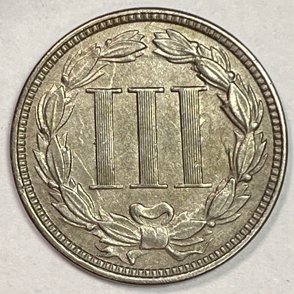 1868 Three Cent Nickel Choice Almost Uncirculated AU+ Coin #20134 - Image 2 of 3