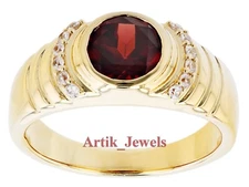 Natural Garnet Gemstone With 14K Gold Plated Silver Ring for Men's #756