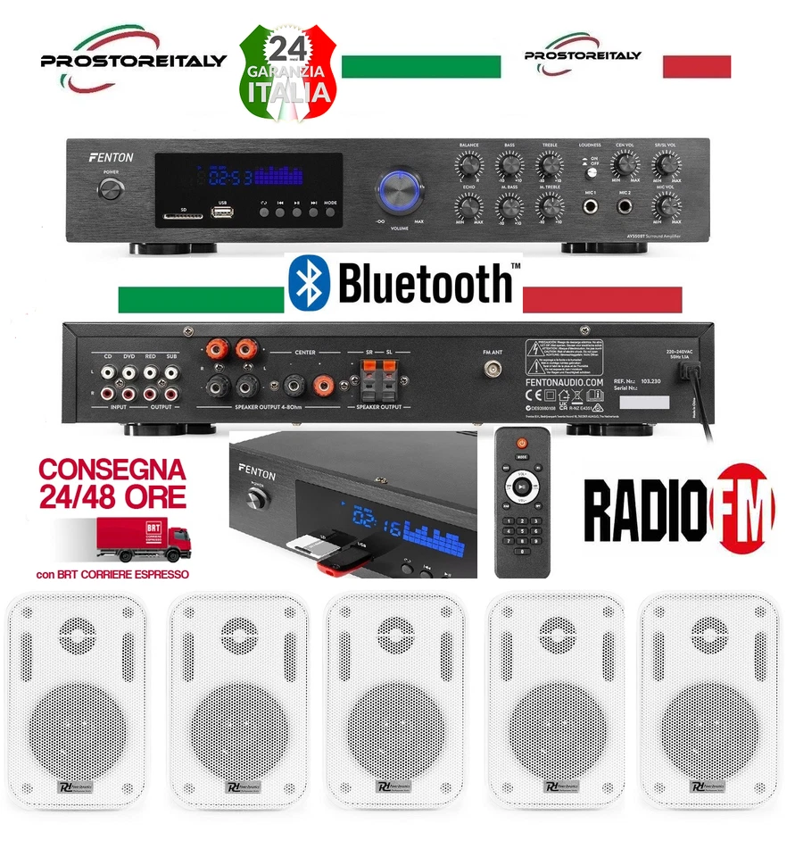 IMPIANTO AUDIO+5 DIFFUSORI+BLUETOOTH+RADIO FM+USB DISPLAY DIGITALE+50 METRI CAVO - Immagine 2 di 4