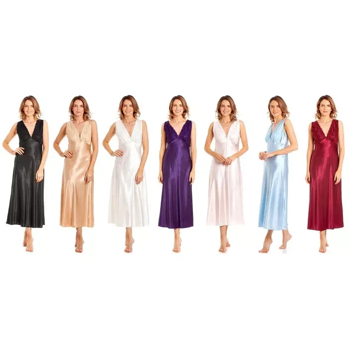 LADY OLGA New Ladies Satin Silky Feel Long Sleeveless Chemise Lace Neckline Nightdress
