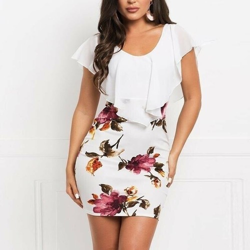 Womens Summer Floral Bodycon Dress Ladies Evening Party Mini Dress Plus Size AU - Picture 18 of 20