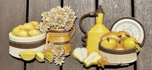 VINTAGE Homco Syroco Pear Lemon Daisy Fruit Wall Decor 1981 7610 A&B Kitchen Set