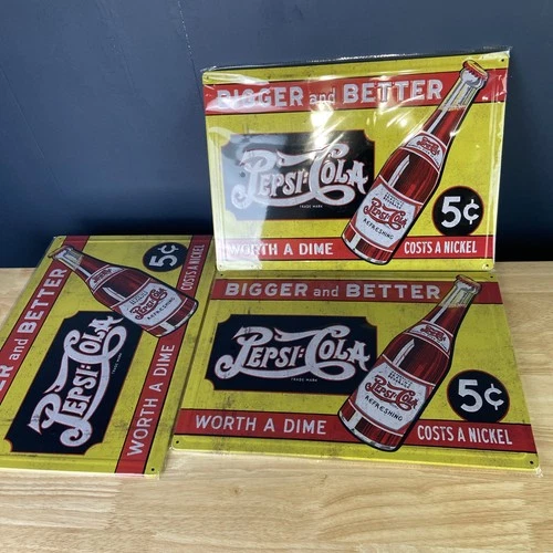 Pepsi Cola Bigger and Better Embossed Metal Tin Sign Vintage Style Lot Of 3