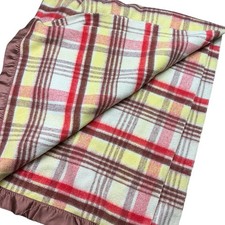 Vintage 70s plaid brown/yellow/red wool blanket W/satin binding 70 x 82