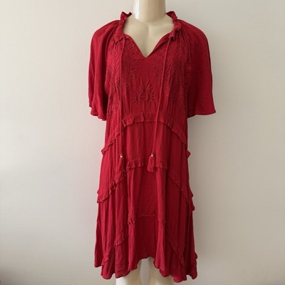Go Fish Clothing Co Red Embroidered Ruffle Tiered Boho Midi Dress NWT Size XS