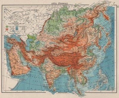 ASIEN PHYSISCH. Relief Berghöhen Meerestiefen Flüsse. JOHNSTON 1900 Karte