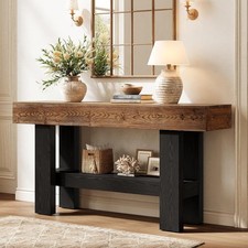 63" Long Narrow Sofa Table,  2-Tier Solid Wood Black Console Table for Entryway