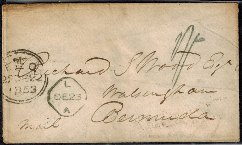 London 1853 Cover to Walingham, Bermuda w/ 1S Rating, H/S 2, & Deptford Broadw.