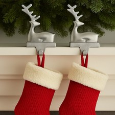 Crate Barrel Reindeer Brushed Matte Silver Stocking Hanger Holder Hooks SET of 2