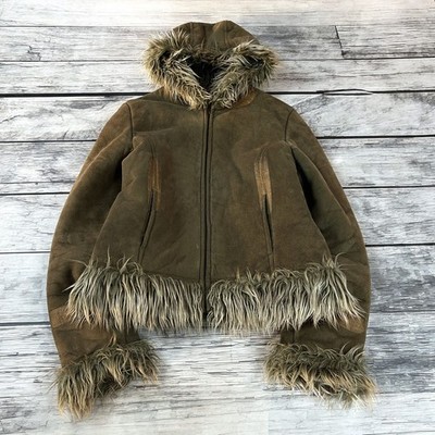 ジャケット・アウター fur jacket archive grunge 00s Faux Fur Trim Jacket Y2K Green Cropped Hooded Winter Grunge