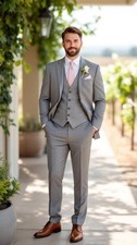 Men's Regular Fit 3 Pcs Solid Suit Notch Lapel Wedding Business Formal Pants Set