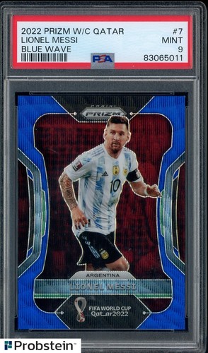 2022 Panini Blue Wave Prizm World Cup Soccer #7 Lionel Messi 2/199 PSA 9 MINT
