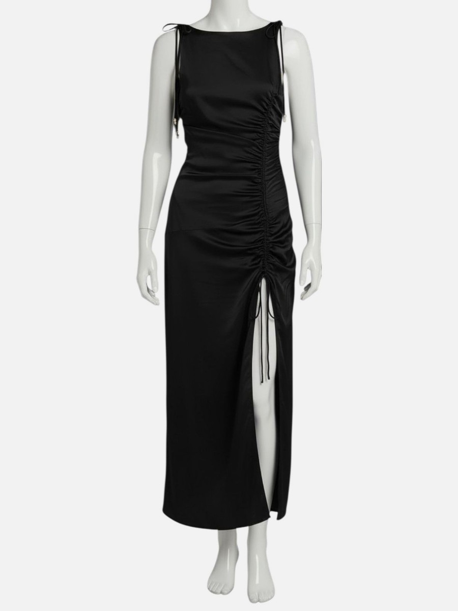 Ganni Women's Black Satin Scoop Neck Drawstring Side Tie-Shoulder Dress Size 42 Ganni Women's Black Satin Scoop Neck Drawstring Side Tie-Shoulder Dress Size 42