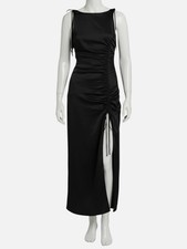 Ganni Women's Black Satin Scoop Neck Drawstring Side Tie-Shoulder Dress Size 42