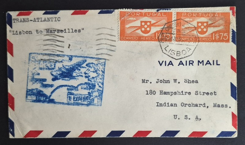 1939 First Flight Lisbon Portugal Marseilles Air Mail FAM 18 F18-4 Airmail Cover