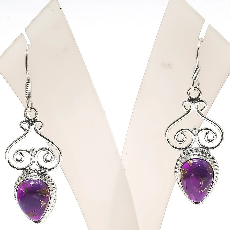 Natural Copper Turquoise Gemstone Handmade 925 Starling Silver Earring Size 2" - Image 1 of 1