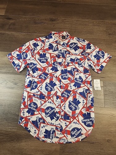 Size S Mens Pabst Blue Ribbon Beer Button-Down Camp Shirt