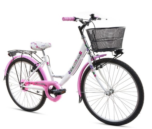 Bicicletta Bambina Ragazza da Passeggio Misura 24 Bici Cestino Floreale Bianca - Foto 3 di 7