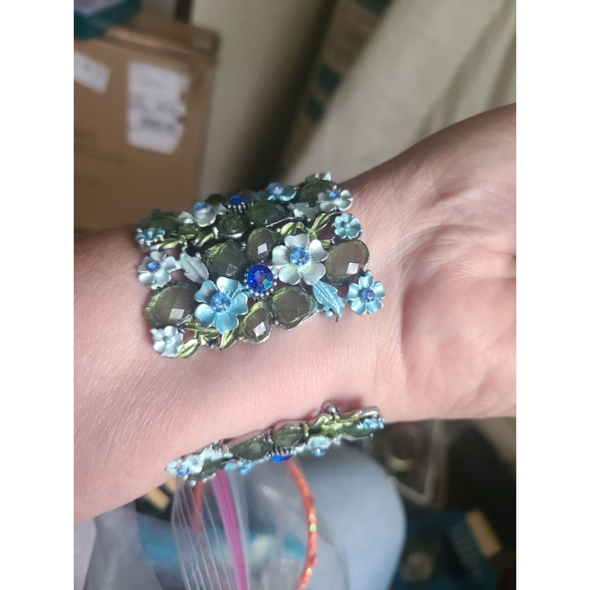 ブレスレット Green Floral Stone Cuff Bracelet Vintage Floral Cuff Bracelet With Blue & Green Stones