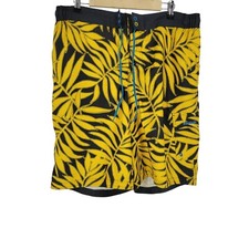 Reebok Leaf Print Yellow Drawstring Swim Shorts Polyester Large 38x10
