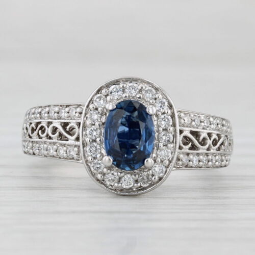 1.39ctw Creado en Laboratorio Zafiro Azul Anillo Diamante Halo 14k Blanco Oro - Imagen 2 de 10
