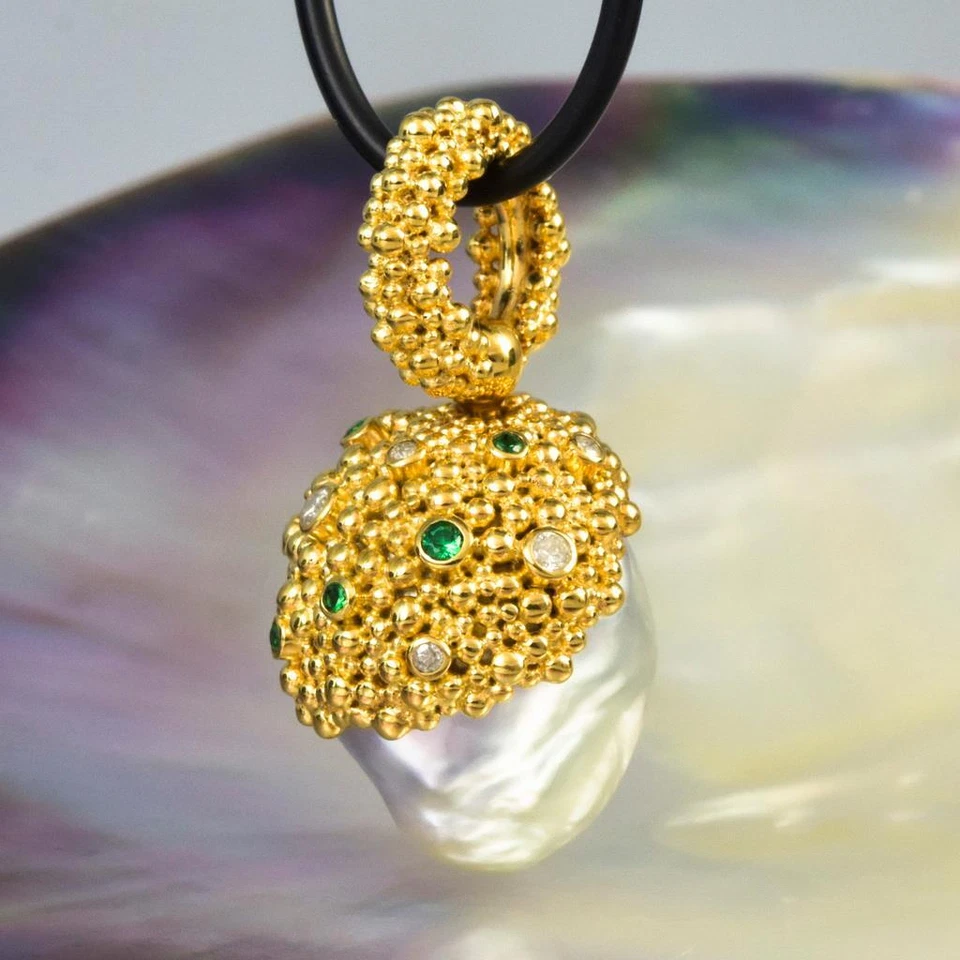 Gigantische South Sea Pearl Pendant, Gold Vermeil Sterling Diamant & Smaragd - Bild 1 von 4