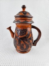 Vintage Hand Carved Tiki Wood Floral Teapot Pitcher With Lid Folk Art Decorative