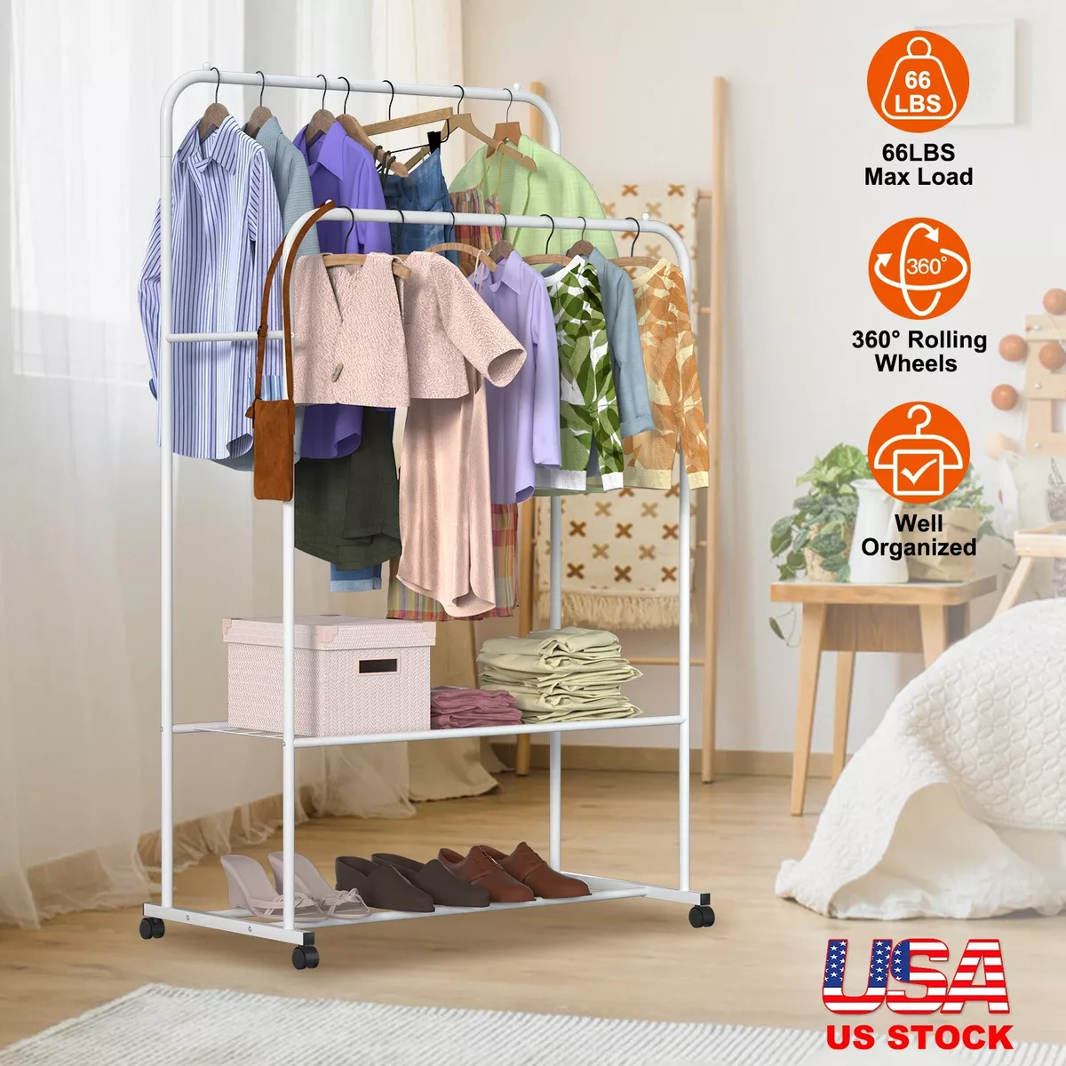 Garment Rack 3 Tiers Heavy Duty Clothes Rack Rolling Free-Standing Clothing  Closet Rack Organizer Storage Shelves with 2 Rods/Lockable Wheels/2 Side