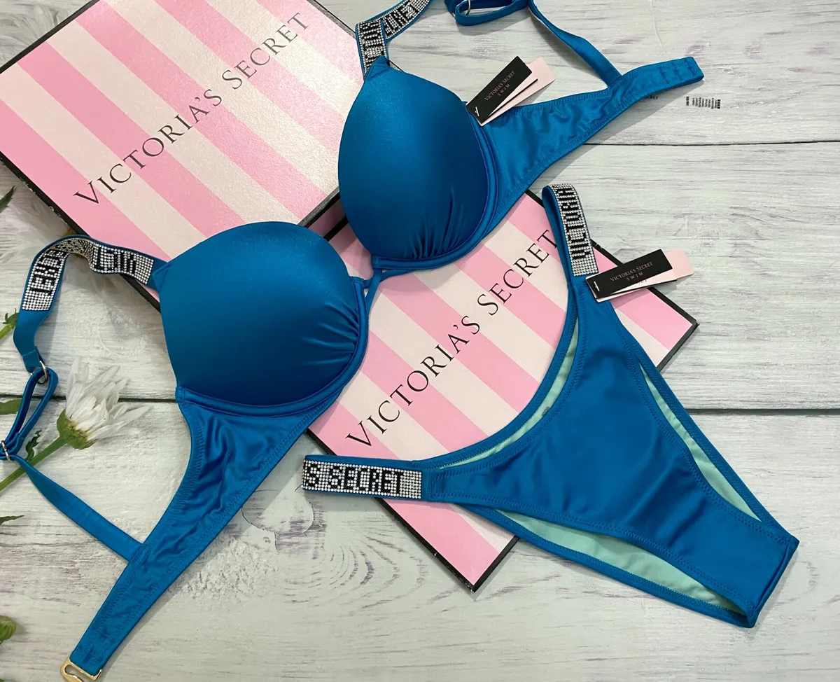 Victoria Secret Shine Strap Swim Brazilian Bombshell Add-2-cups Push-up Set  Blue