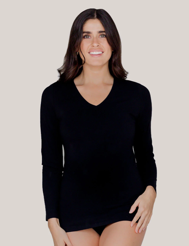 WOMEN LONG SLEEVE T SHIRT TOP V NECK PLAIN STRETCHY TOP BASIC TEE SHIRT 8-26 - 第 13/31 張圖片