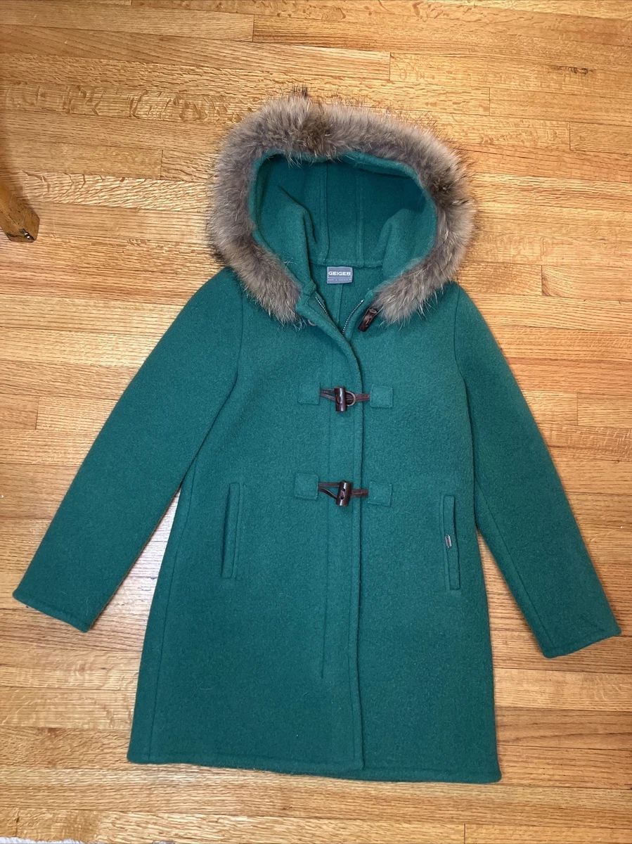 GEIGER Austria Vtg Green Boiled Wool Fur Hood Toggle Button Coat