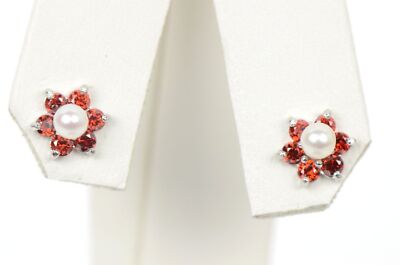 14k White Gold Flower CZ Stud Earrings White Pearl with Screw Back