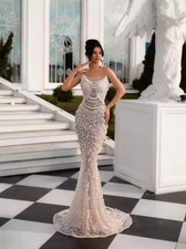 Mermaid Elegant Sleeveless Prom Dresses Luxury Women Evening Dresses With Pearls