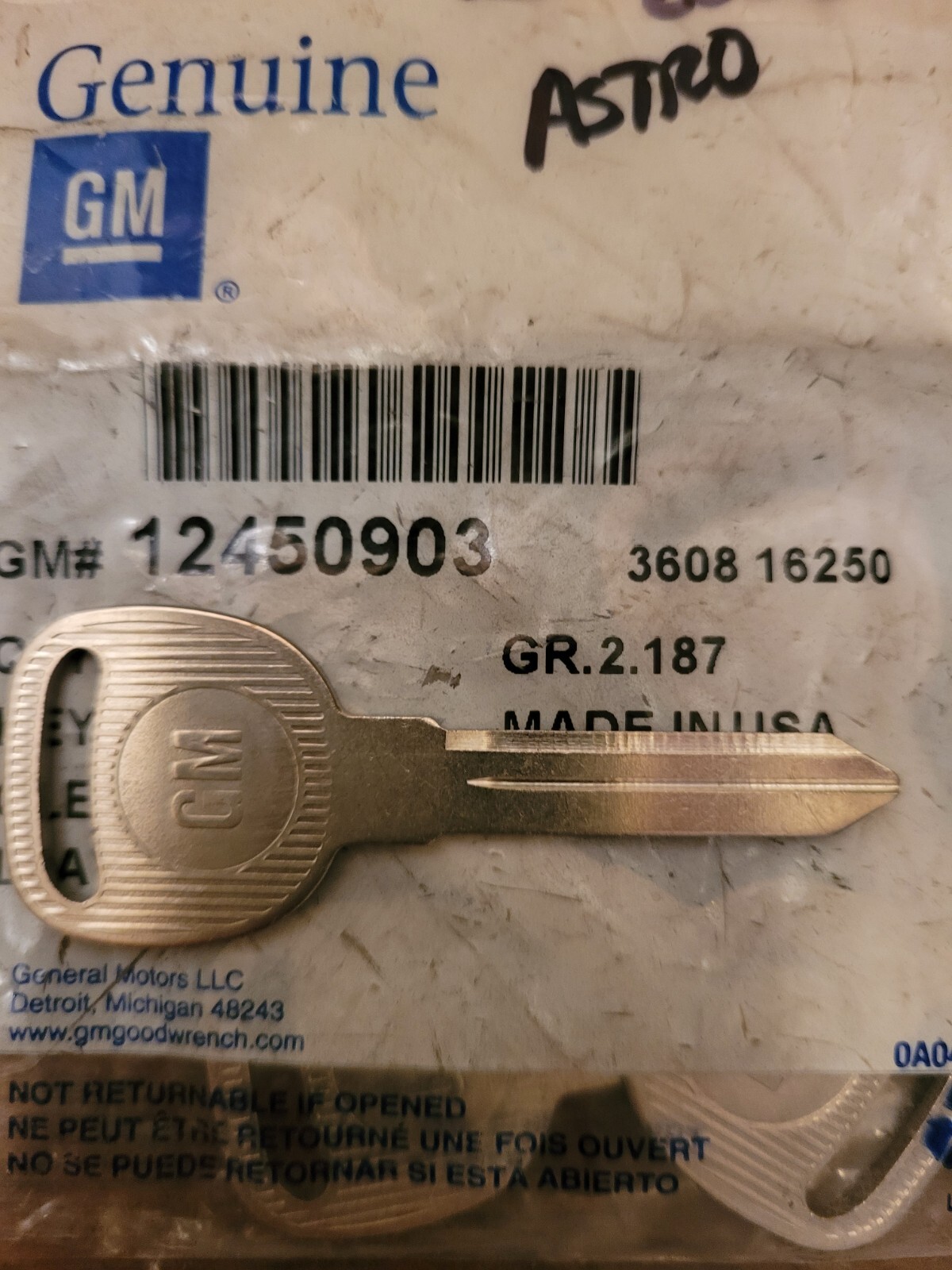 Genuine GM Front Door Entry-Key Blank 12450903 1 Chevy Astro Key 2002 ...