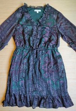 Frye Knee Length Dress Ruffle Buttons Lurex Green Purple Floral Size M Women's