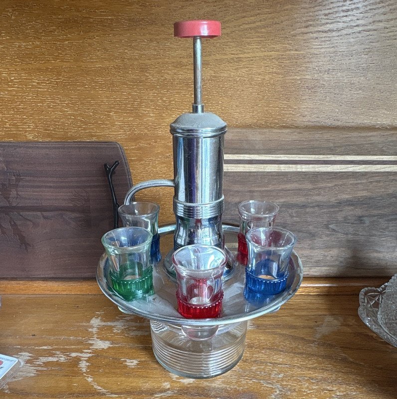 Vintage Rotating Round Metal Liquor Dispenser w/ 6 Glass Shot Glasses Set
