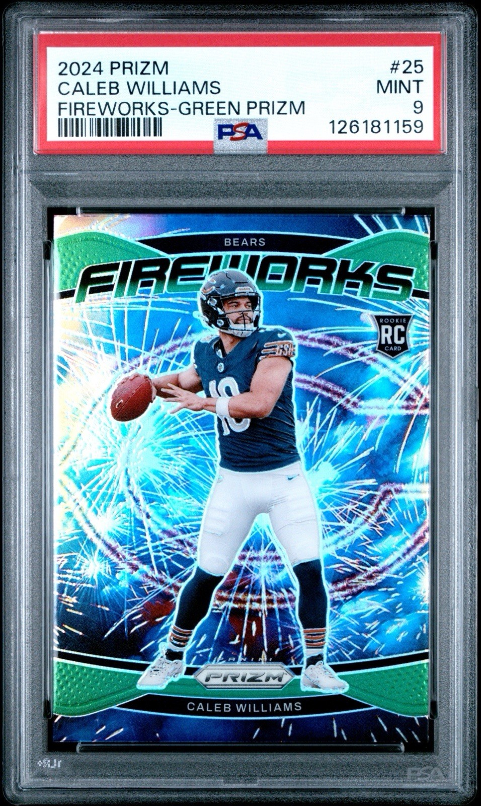 2024 Prizm Caleb Williams RC Fireworks Green PSA 9 Chicago Bears