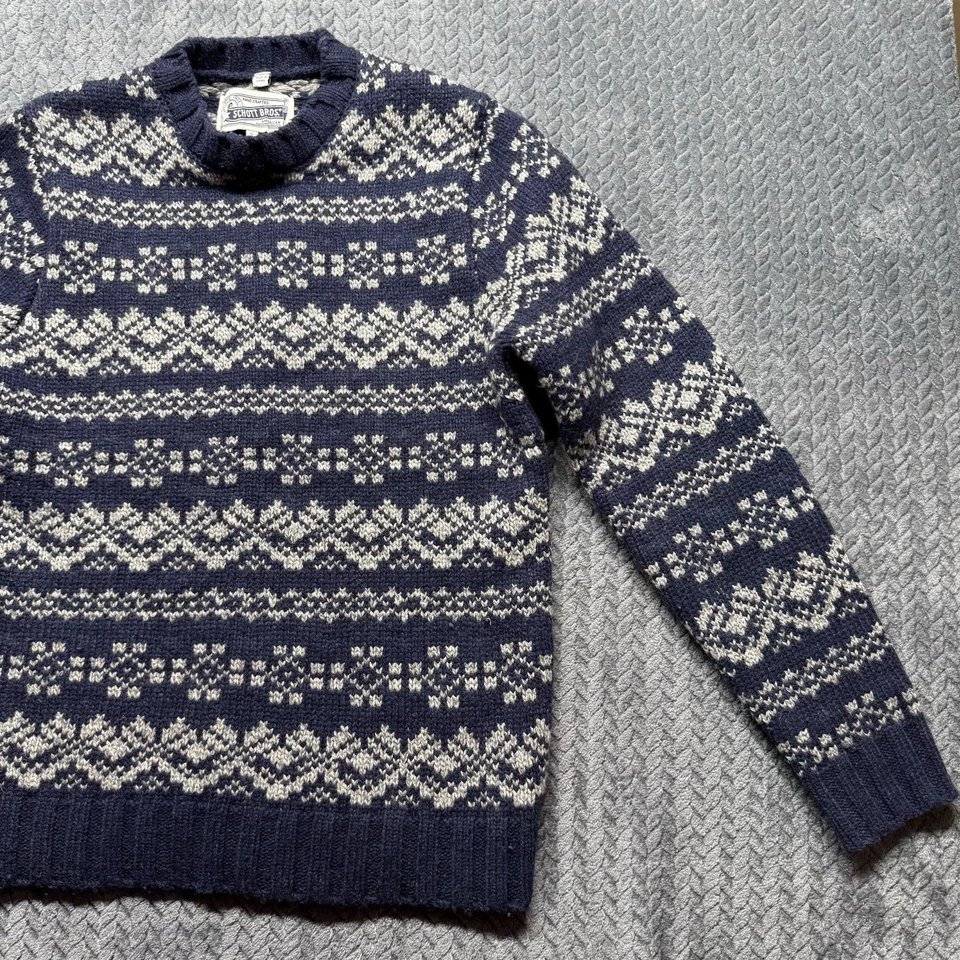 Schott Bros Sweater Men’s Small Blue White Fair Isle Knit Wool Blend Crewneck - Image 3 of 4